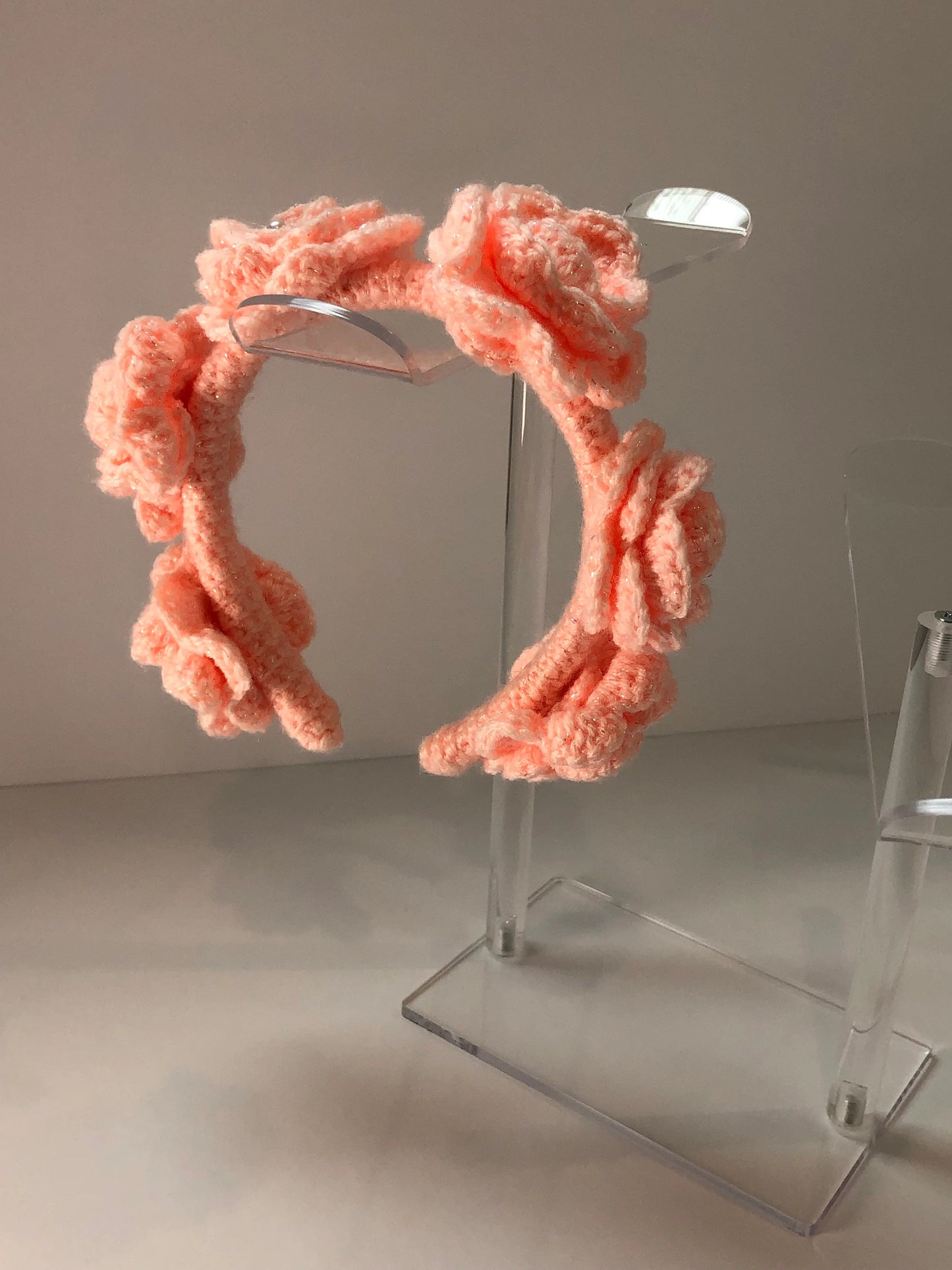 Peach and Pearl Crochet Flower Headband