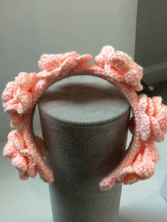 Peach and Pearl Crochet Flower Headband